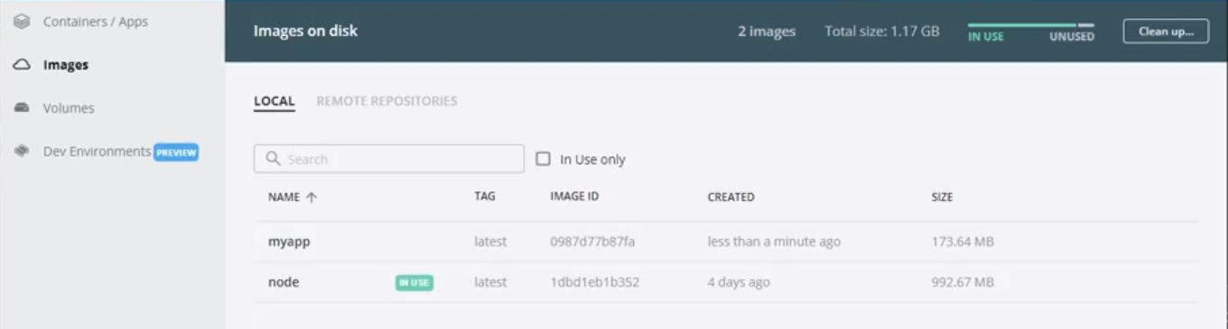 Архивный список образов Docker Desktop с отдельными столбцами имени, тега и идентификатора.
